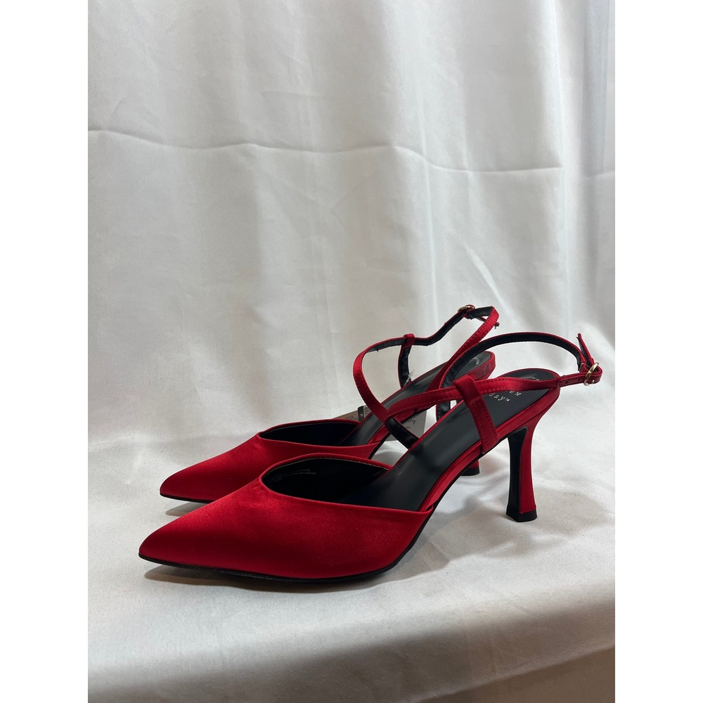 A New Day Red Satin Slingback Pumps Pointed Toe Stiletto Heels 9.5 Memory Foam